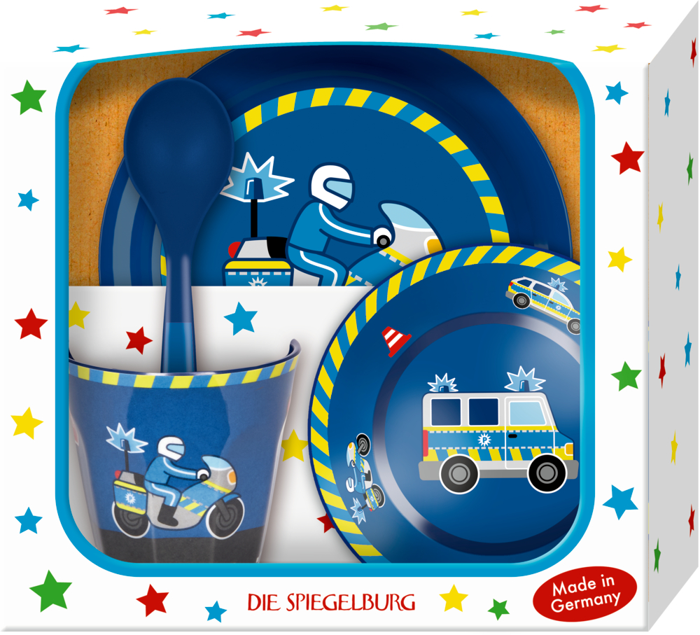 Geschenkset Polizei (Wenn ich mal groß bin) Kindergeschirrset mit Polizeiauto- und Motorradmotiven, verpackt in einer Schachtel mit Sternenmuster.