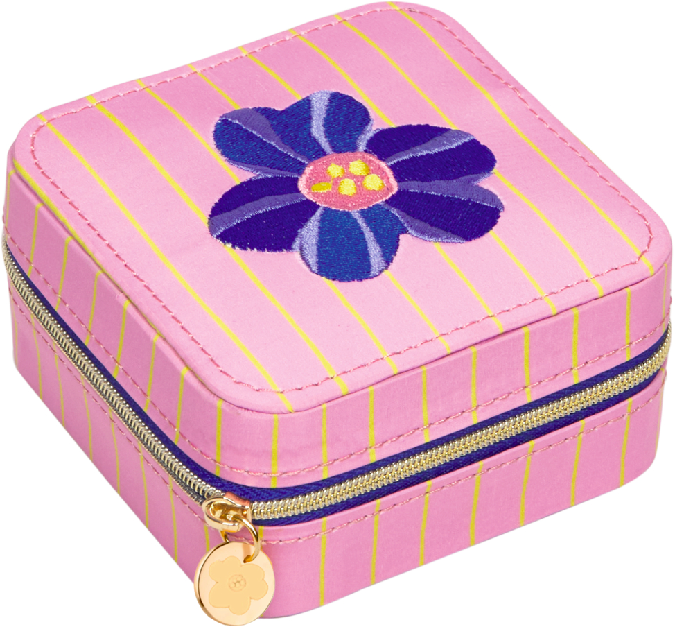 Rosa quadratische Schmuckbox mit gelben Streifen, blau-lila Blumenmuster und goldenem Reißverschluss mit Anhänger.