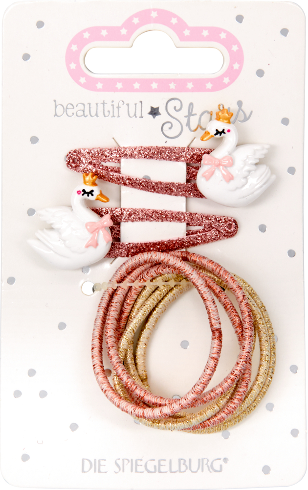 Haarclip & Haargummi Schwan no.3 - beautiful Stars Rosa und goldene Haargummis mit glitzernden Schwanenspangen auf einer gepunkteten Karte mit der Aufschrift „Beautiful Stars“.