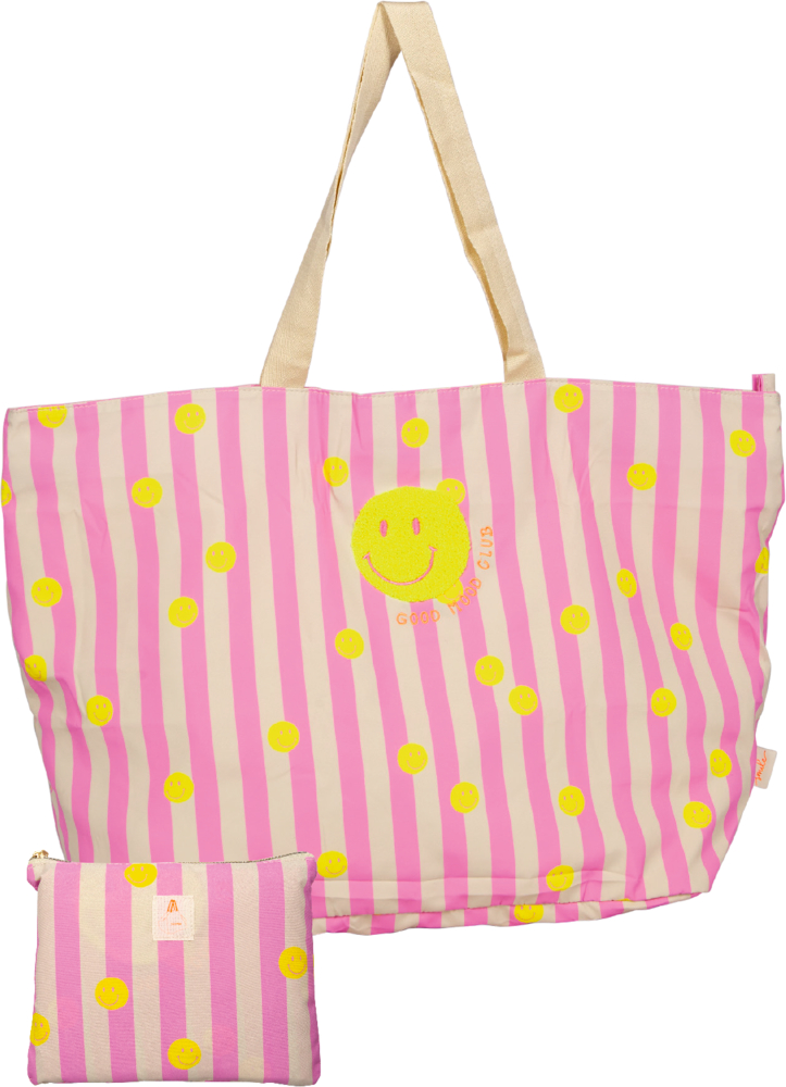 Rosa und beige gestreifte Tasche mit gelben Smileys, vorne ein passendes kleines Zip-Pouch.