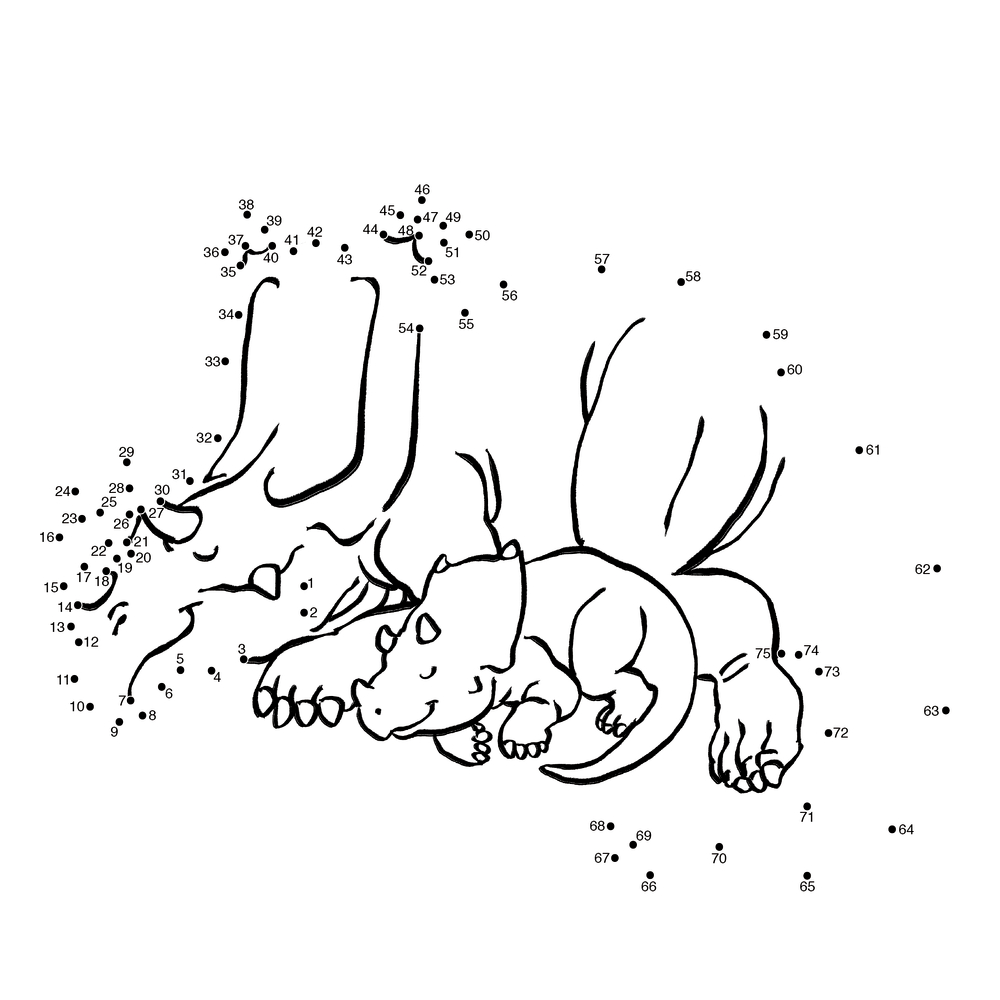 Großer Triceratops und kleiner Triceratops liegen nebeneinander als Punkt-zu-Punkt-Rätsel.