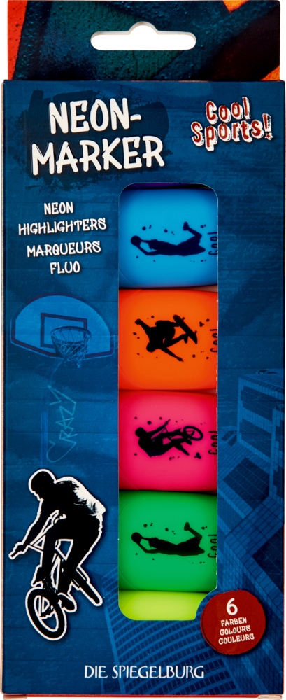 Neon-Marker - Cool Sports! Schachtel mit 6 Neon-Textmarkern mit Sport-Silhouetten, beschriftet mit „Neon-Marker“ und „Cool Sports!“.