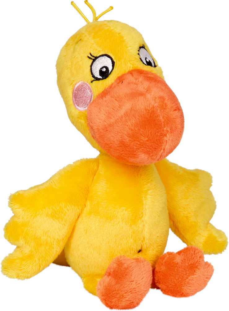 Plüschfigur Ente Lotte Die Lieben Sieben Aufrecht stehende gelbe Plüschente mit orangefarbenem Schnabel, Füßen, großen Augen und rosa Wangen.