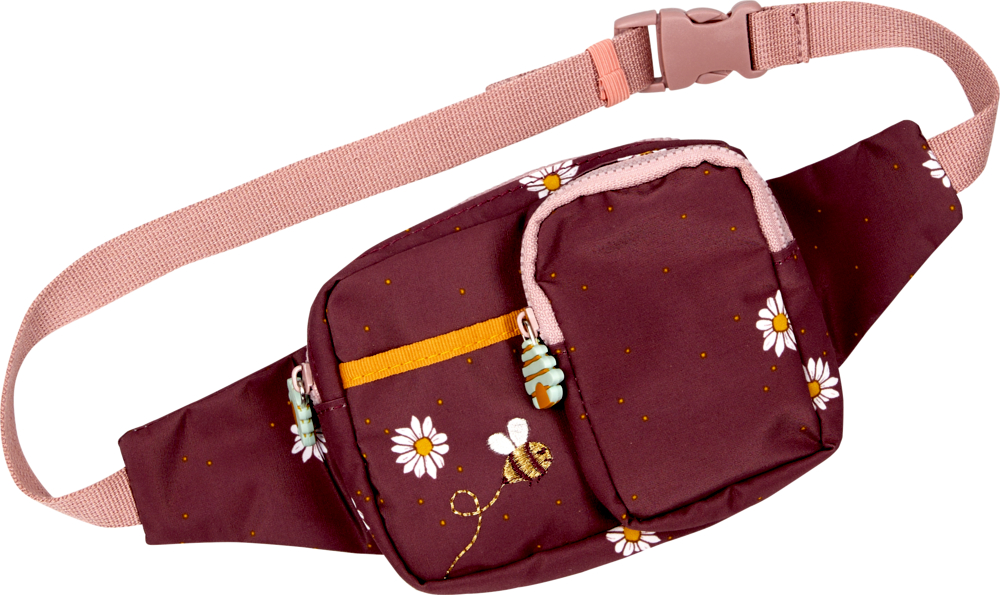 Hip Bag / Bauchtasche Biene - Kleine Freunde "Dunkelrote Gürteltasche mit Blumen- und Bienenmuster und einem verstellbaren rosa Riemen."