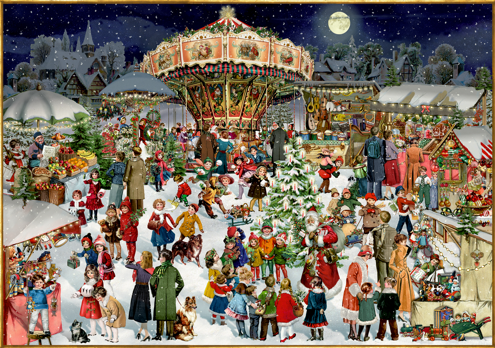 Puzzle: Nostalgischer Weihnachtsmarkt - B. Behr (1000 T.) Verschneite, nostalgische Weihnachtsmarkt-Szene bei Nacht mit Karussell, spielenden Kindern und Erwachsenen.
