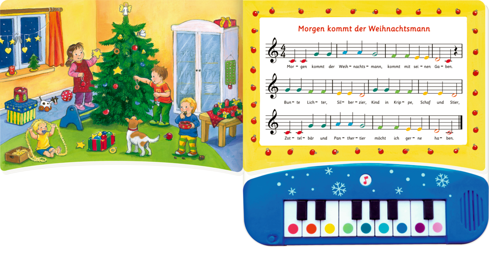 Drei Engelchen gehen über riesige Klaviertasten neben einem Weihnachtsbaum; Buchtitel oben, Tastenklavier unten.