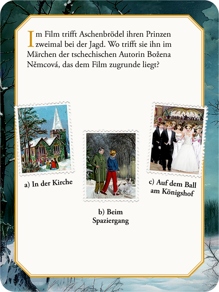 Quizkarte mit Text und drei Bildern von einer Kirche, Menschen beim Spazieren, Menschen auf einem Ball.