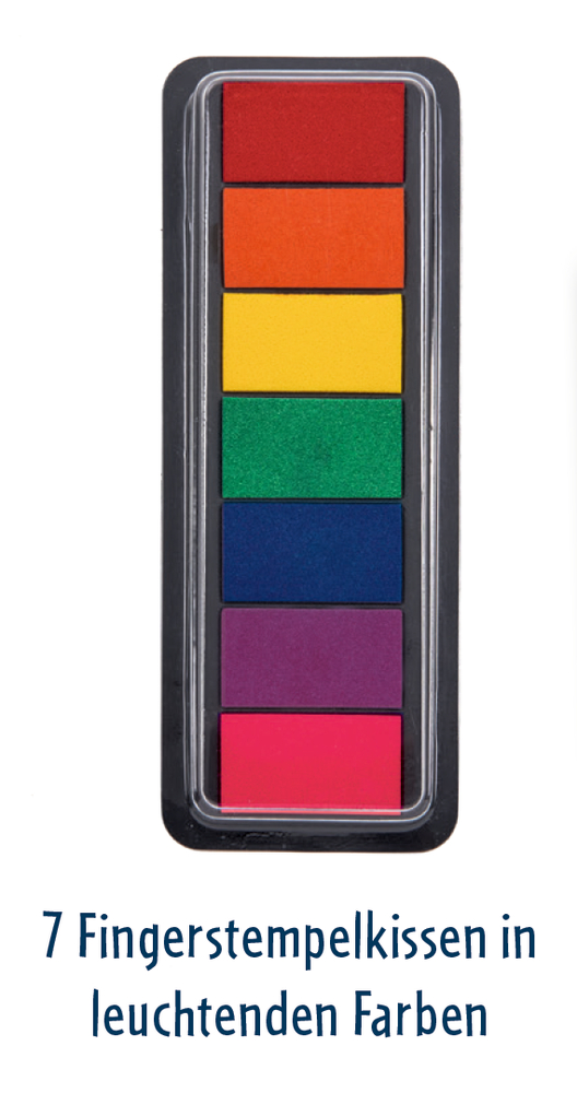 Sieben leuchtende Stempelkissen in verschiedenen Farben, vertikal gestapelt in einer schwarzen Schale.