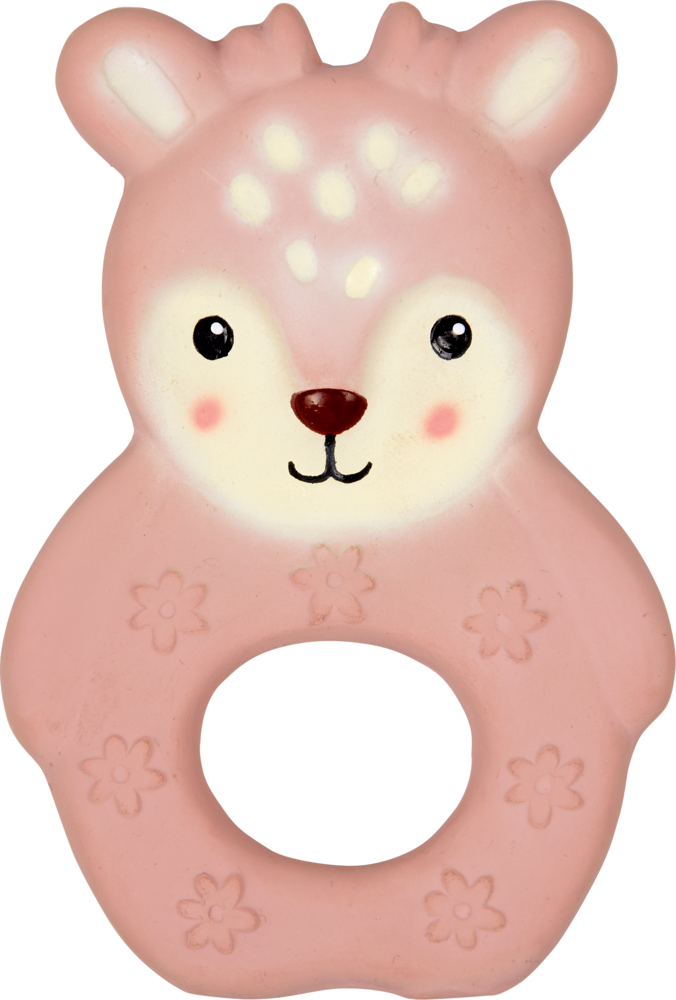 Beißring aus Naturkautschuk Reh - Little Wonder Rosafarbener Baby-Beißring in Form eines Rehs mit Blumenmuster und einem runden Griff an der Basis zum einfachen Greifen.