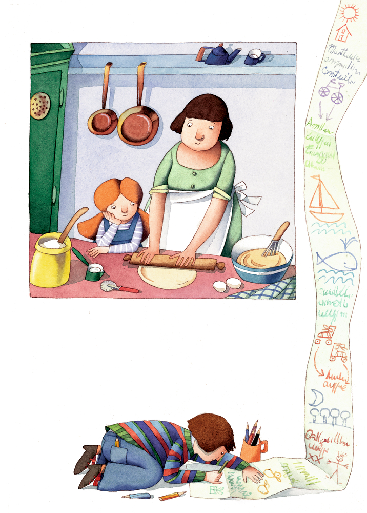 Eine Frau und ein Kind backen in der Küche, während ein anderes Kind auf dem Boden malt.