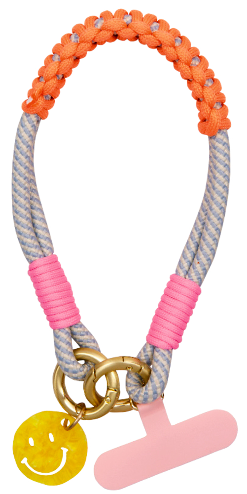 Bunte Handykordel mit pinken, orangen und goldenen Akzenten, gelber Smiley-Anhänger befestigt.