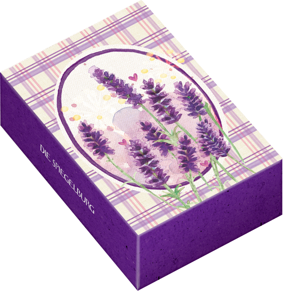 Rechteckige Schachtel mit lila kariertem Muster und gezeichneten Lavendelblüten auf dem Deckel.