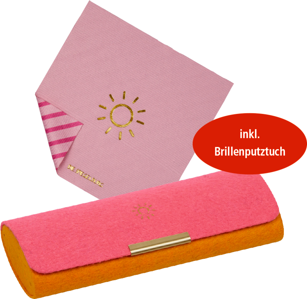 Brillenetui mit Putztuch - Sonne Rosa Putztuch und leuchtend rosa-orangefarbenes Brillenetui mit goldenem Verschluss. Beides mit goldenem Sonnensymbol.