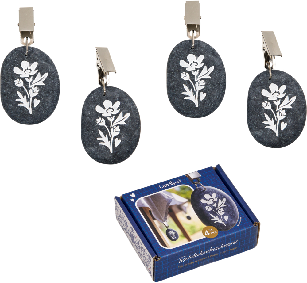 Vier ovale, blaue Tischdeckengewichte aus Stein mit weißen Blumendesigns und Clips.