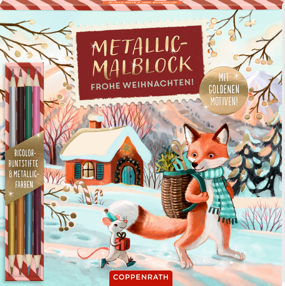 Malblock mit Motiv eines Fuchses mit Geschenkkorb und einer Maus im Schnee vor einem Haus, mit beigelegten Buntstiften.