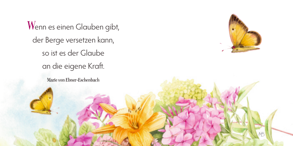 Zwei gelbe Schmetterlinge fliegen über bunte Blumen, dazu ein inspirierendes Zitat über Glauben und Stärke, auf einer Doppelseite.