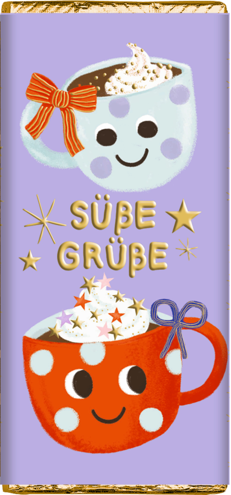 Lila Verpackung mit zwei gepunkteten Tassen mit Gesicht, gefüllt mit Kakao und Sahne, goldener Text „Süße Grüße“ und Sternmotiven.