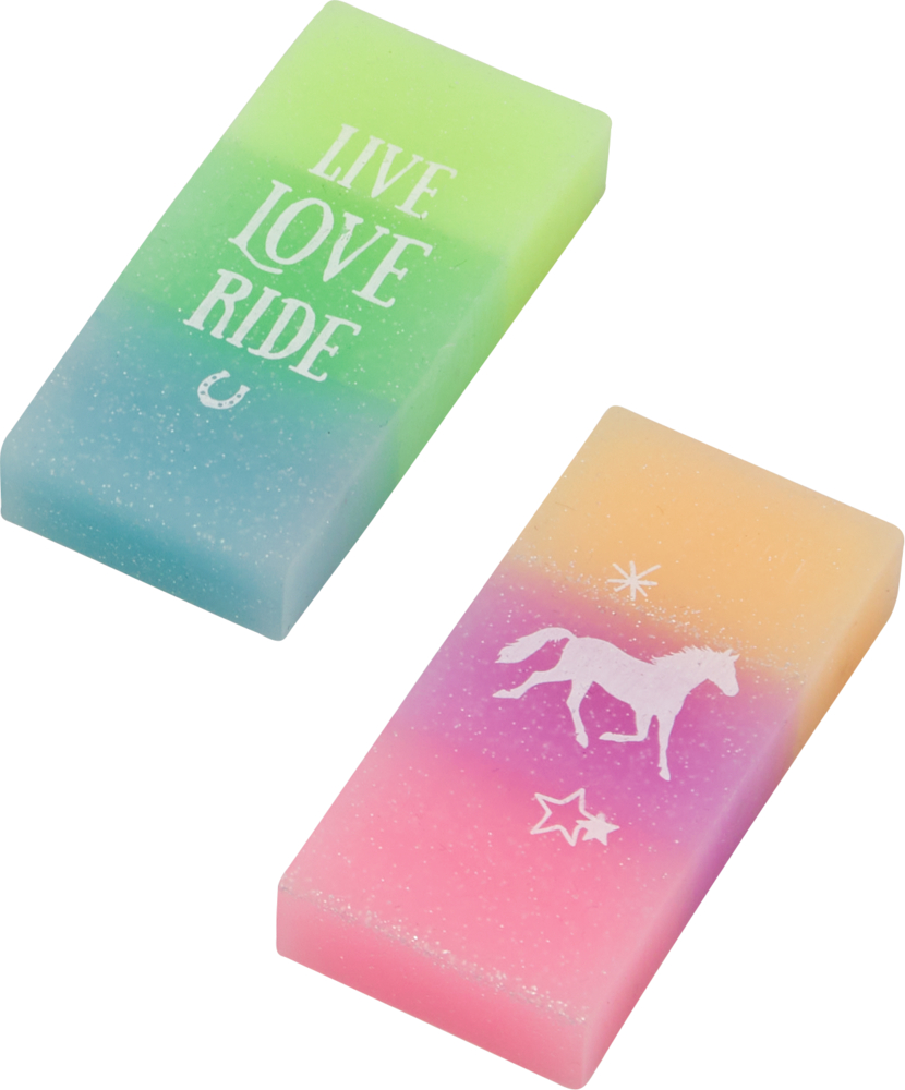 Zwei bunte, rechteckige Radiergummis, einer mit LIVE LOVE RIDE Text, einer mit Pferd und Sternen Motiv.
