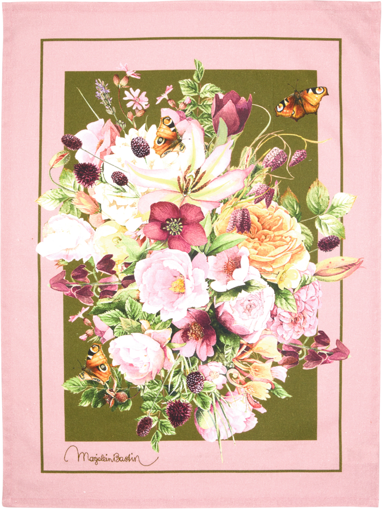 Ein Strauß bunter Blumen mit Schmetterlingen vor grünem Hintergrund und mit einem rosa Rand umrahmt.