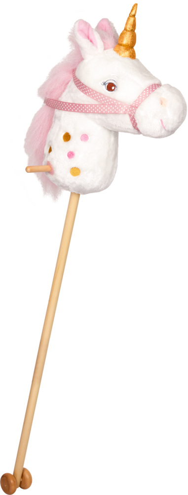 Einhorn-Steckenpferd - Einhorn-Paradies Plüsch-Steckenpferd in Form eines Einhorns mit goldenem Horn, rosa Mähne und einem Holzstock mit Rädern.