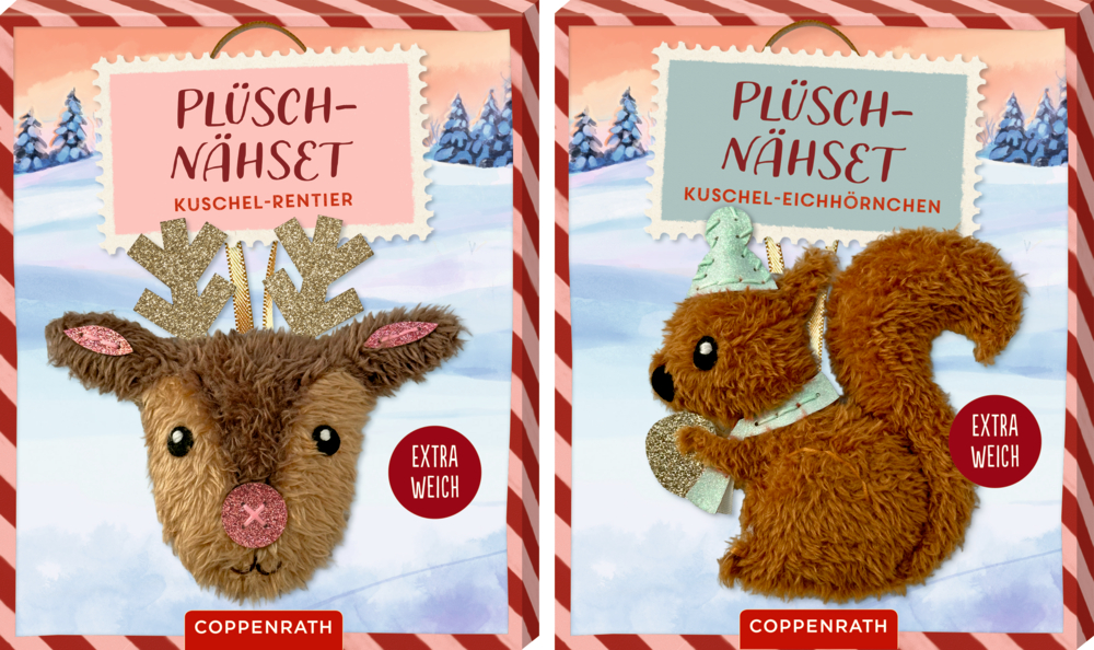 Zwei Plüsch-Nähsets mit Rentier- und Eichhörnchenmotiv in winterlicher Verpackung mit rot-weißem Rand.