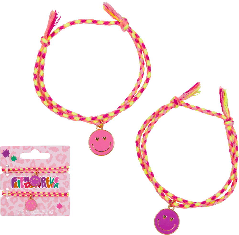 Bunte geflochtene Armbänder mit rosa Smiley-Anhängern, jeweils in passender Verpackung.