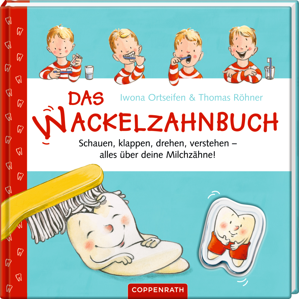 Das Wackelzahnbuch - alles über deine Milchzähne Cover des Buches „Das Wackelzahnbuch“ in 3D-Ansicht mit Cartoon-Kindern, einer Zahnbürste und lächelnden Zahnillustrationen.