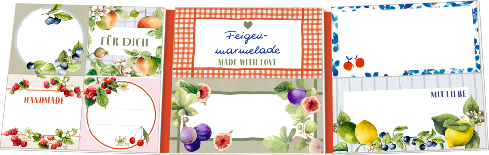 Bunte Etiketten für Einmachgläser, verschiedene Früchte abgebildet, Text in zwei Sprachen, leere Felder zum Beschriften.