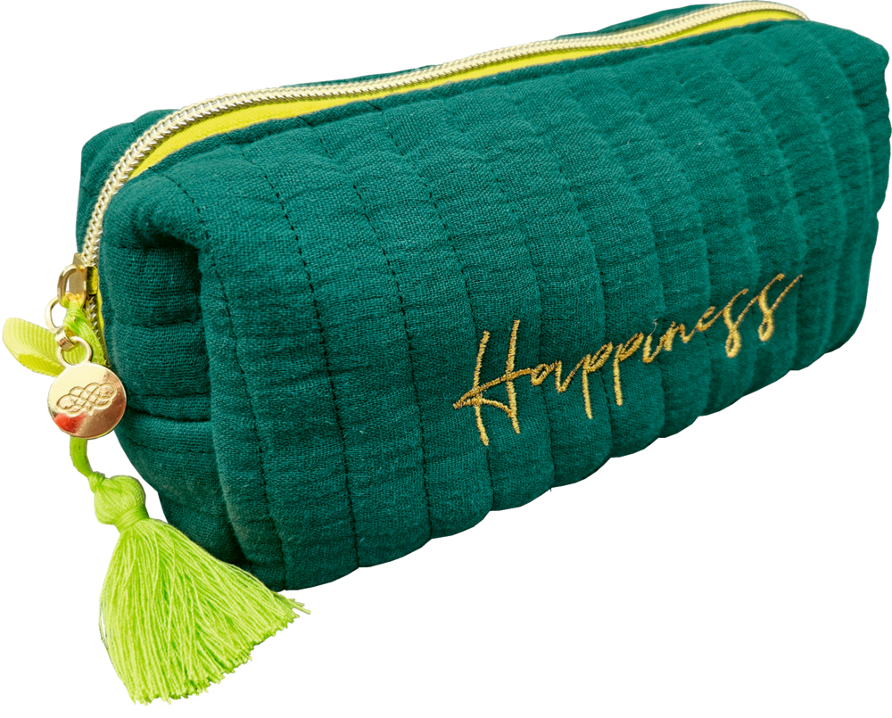 Grünes, gestepptes Täschchen mit goldener Aufschrift Happiness, gelber Reißverschluss, grüner Quastenanhänger am Zipper.
