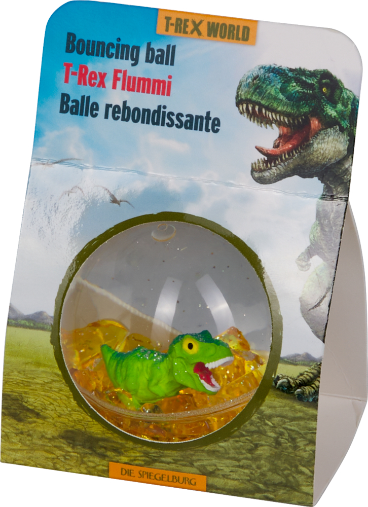Transparenter Ball mit grüner T-Rex-Figur und gelben Partikeln im Inneren in Verpackung mit Sichtfenster und Dinosauriermotiv.