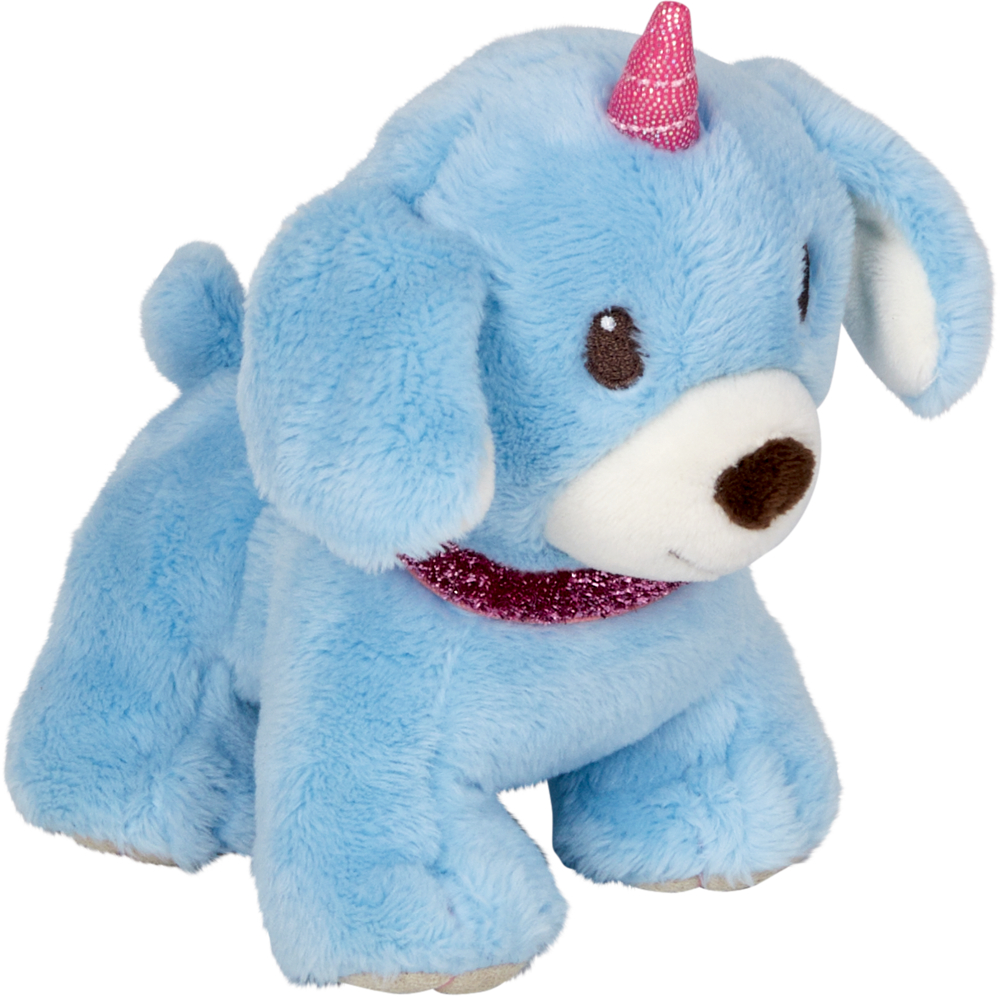 Unidog klein, blau Blauer Plüschhund mit rosa Einhornhorn und glitzerndem rosa Halsband.