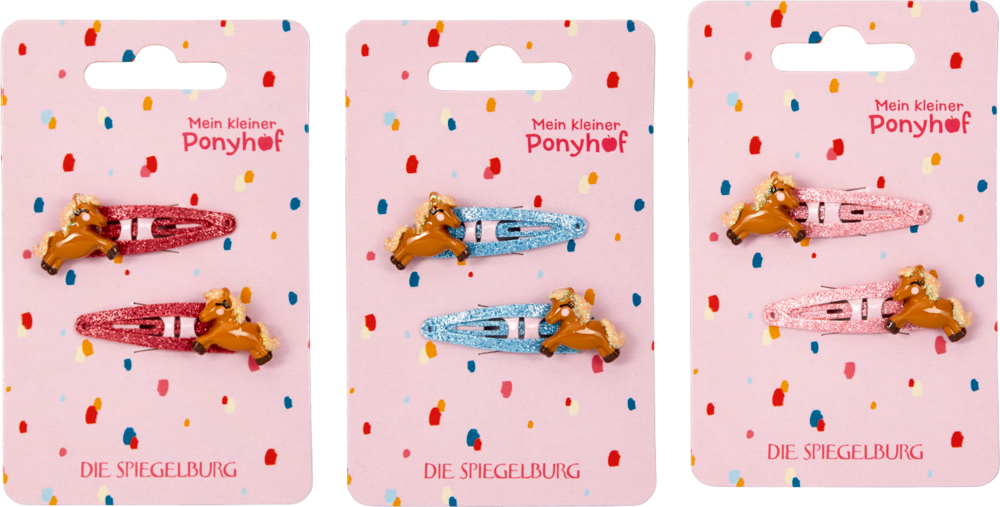 Haarclips - Mein kleiner Ponyhof Drei Packungen Haarspangen mit Ponymotiven in Blau, Rosa und Pink, jeweils auf einer rosafarbenen Karte mit Punkten.