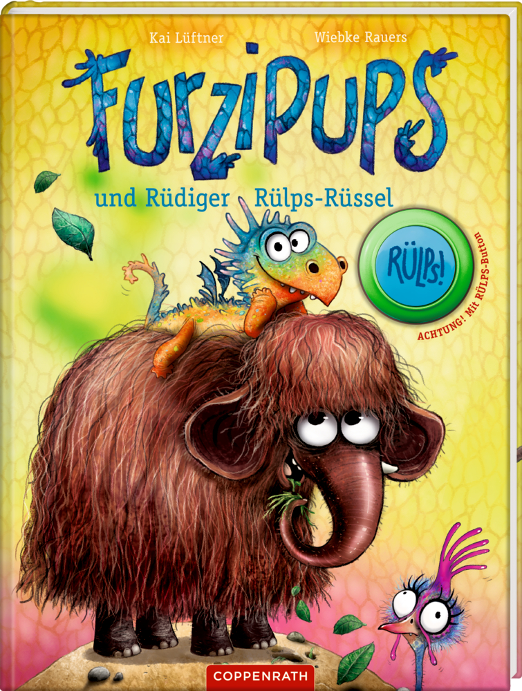 Furzipups (Bd. 3) und Rüdiger Rülps-Rüssel Ein buntes Kinderbuchcover "Furzipups und Rüdiger Rülps-Rüssel" mit niedlichem Drachen der auf einem Mammut liegt, umgeben von einem Huhn und Blättern.