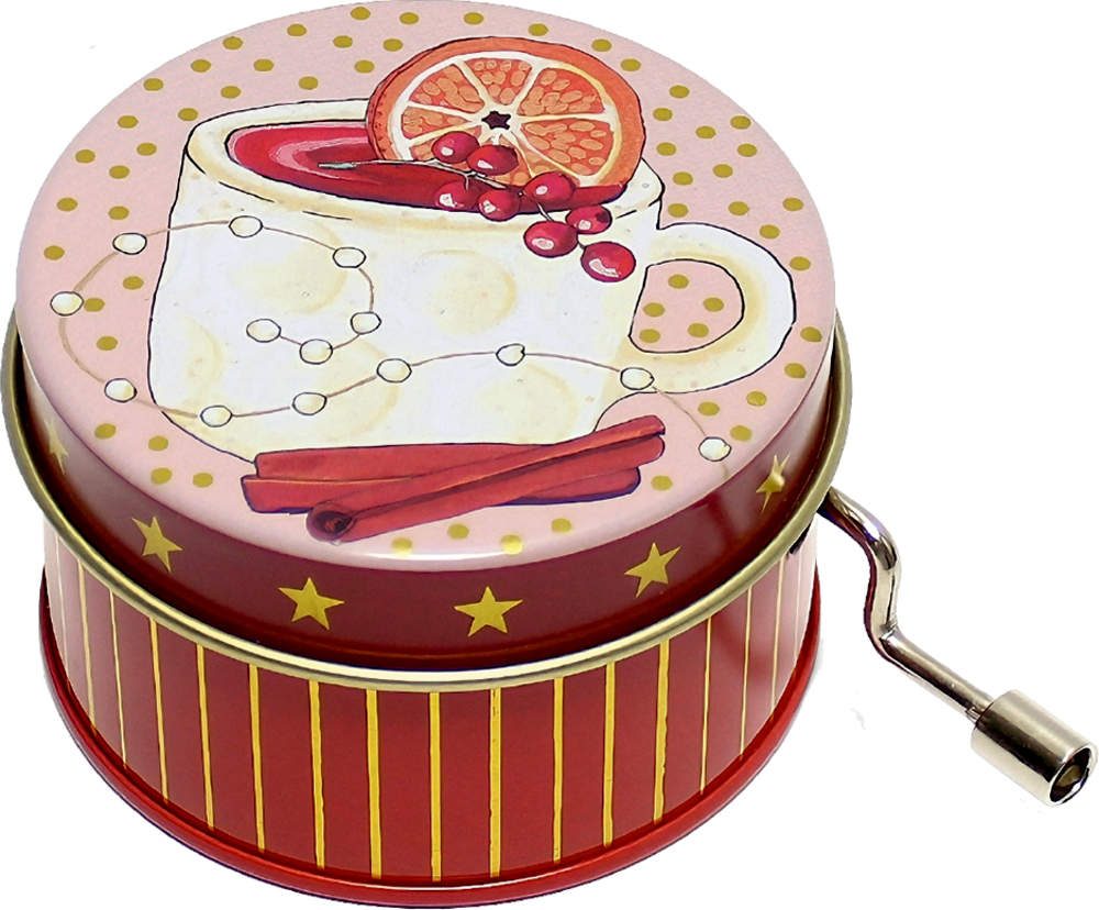 Rote runde Spieluhr mit Kurbel, Deckel mit Motiv einer Tasse, Zimtstangen, Beeren und Orangenscheibe sowie goldenem Sternenrand.