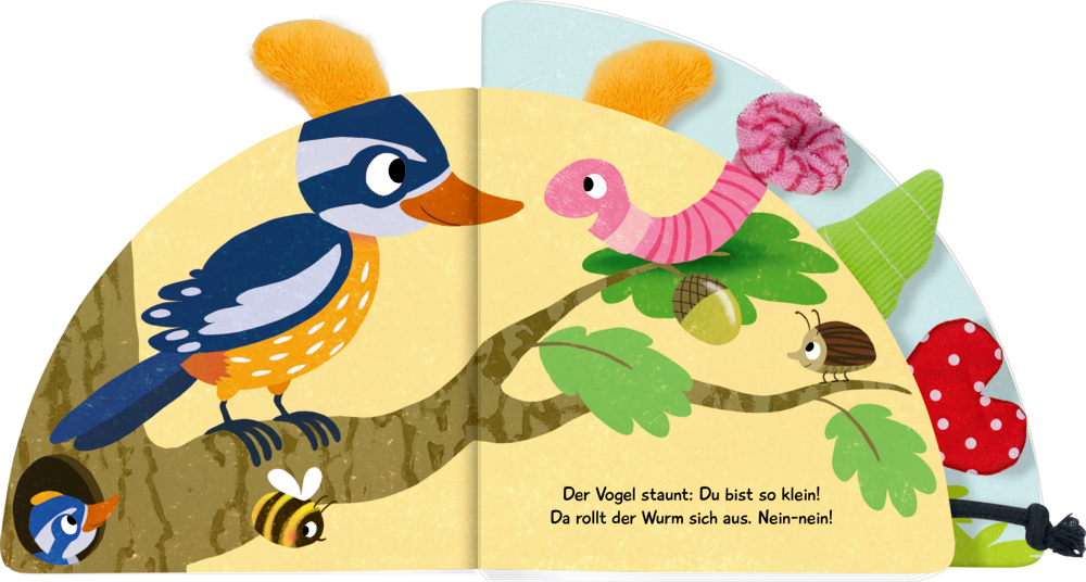 Ein bunter Vogel sitzt auf einem Baum und beobachtet einen rosa Wurm, eine Biene und einen Käfer. Darunter Text.