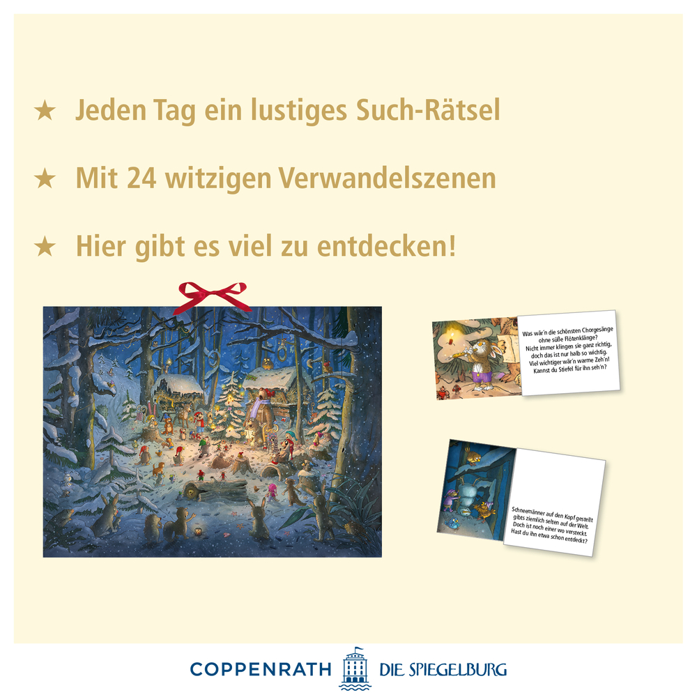 Adventskalender: Kinder im verschneiten Wald mit lustigen Suchrätseln und Überraschungen hinter jedem Fenster.