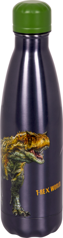 Isolierflasche (ca. 0,5 l) - T-Rex World Metallwasserflasche mit grünem Deckel, T. Rex-Illustration und dem Text „T-REX WORLD“.