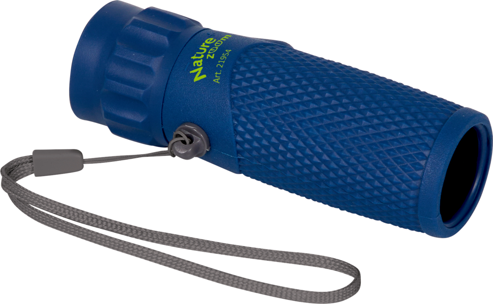 Blaues Handmonokular mit strukturiertem Griff und befestigter grauer Handschlaufe.