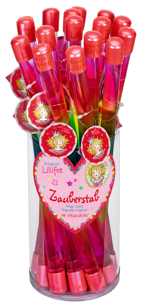 Der durchsichtige Behälter enthält bunte Zauberstäbe von Prinzessin Lillifee mit rosa Spitzen und herzförmigen Etiketten.