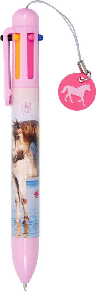 Mehrfarbiger pinker Stift mit Pferdemotiv und pinkem Anhänger mit weißem Pferdeumriss.