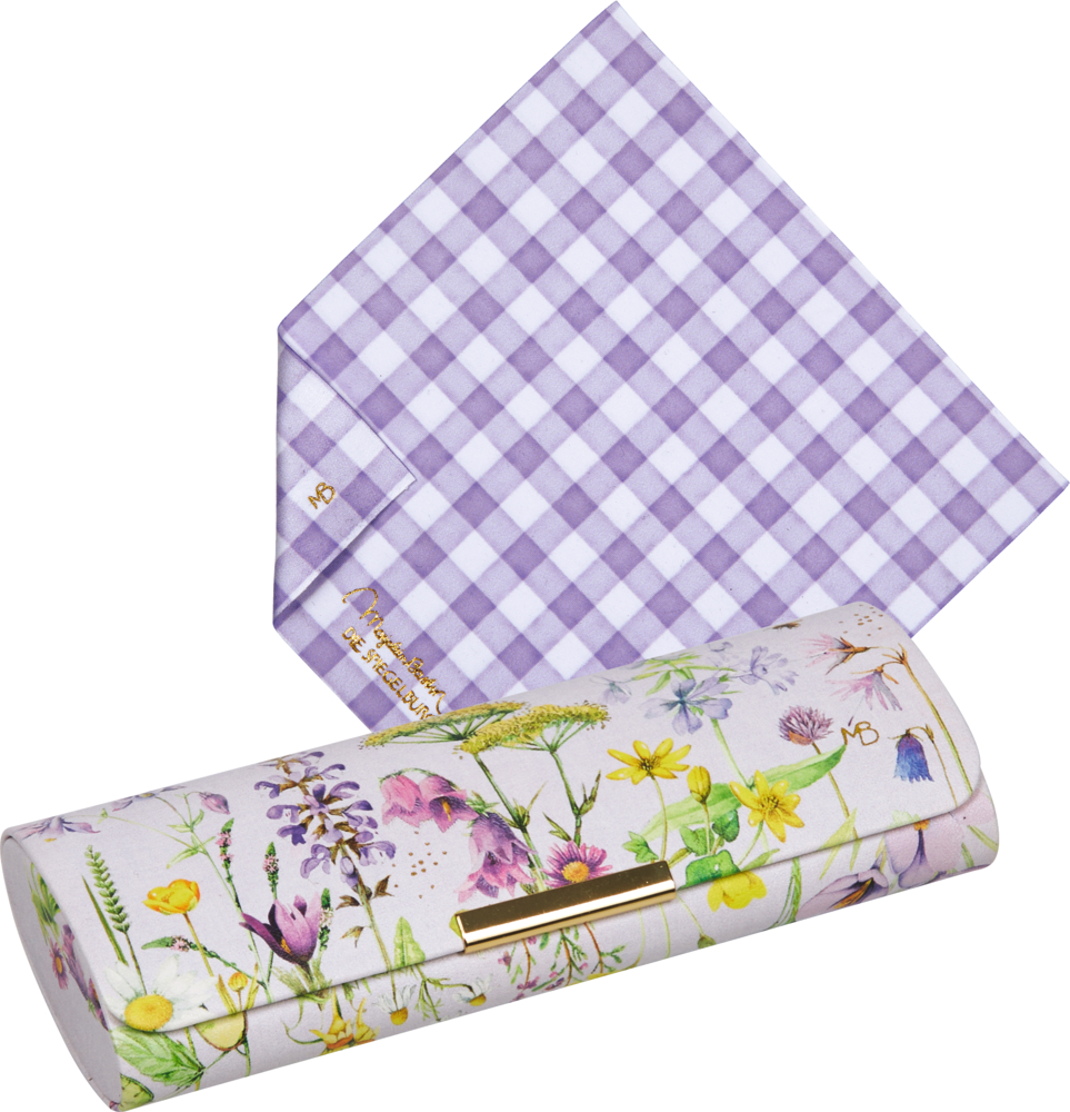 Brillenetui mit Putztuch "Blumengruß" GartenLiebe - M. Bastin weißes Brillenetui mit buntem, v.a. violettem Blumenmuster und gefaltetes lilafarbenes Gingham-Tuch auf weißem Hintergrund.