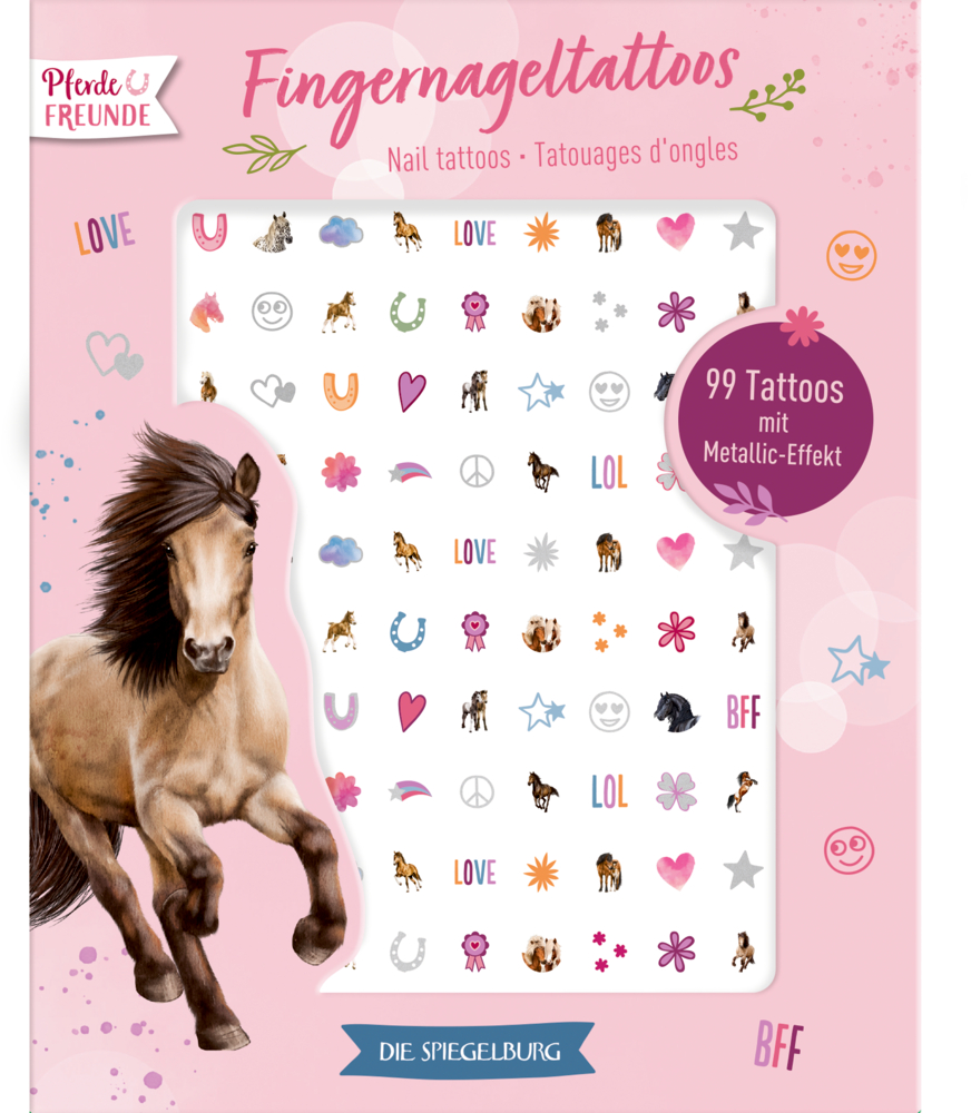 Fingernageltattoos - Pferdefreunde Rosa Nageltattoos mit Pferdemotiven, Pferden, Blumen, Herzen und metallischen Akzenten.