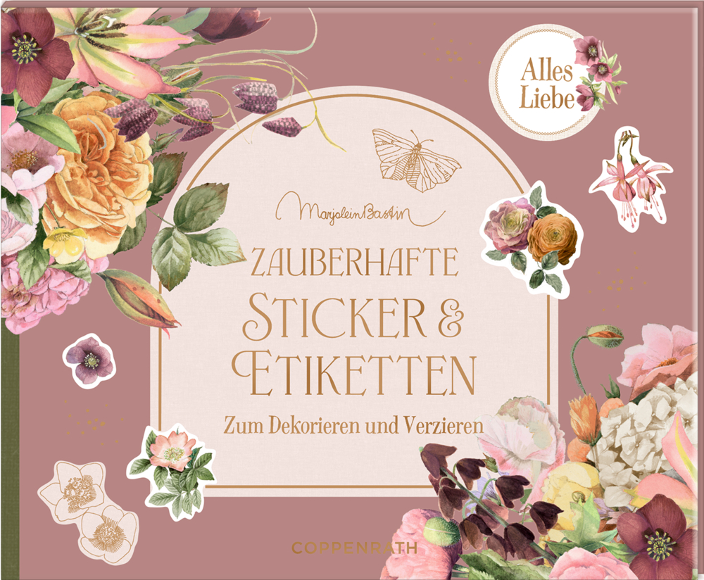 Blumenbordüre, Schmetterling, Titelschriftzug zauberhafte Sticker und Etiketten zur Dekoration auf dem Buchdeckel.