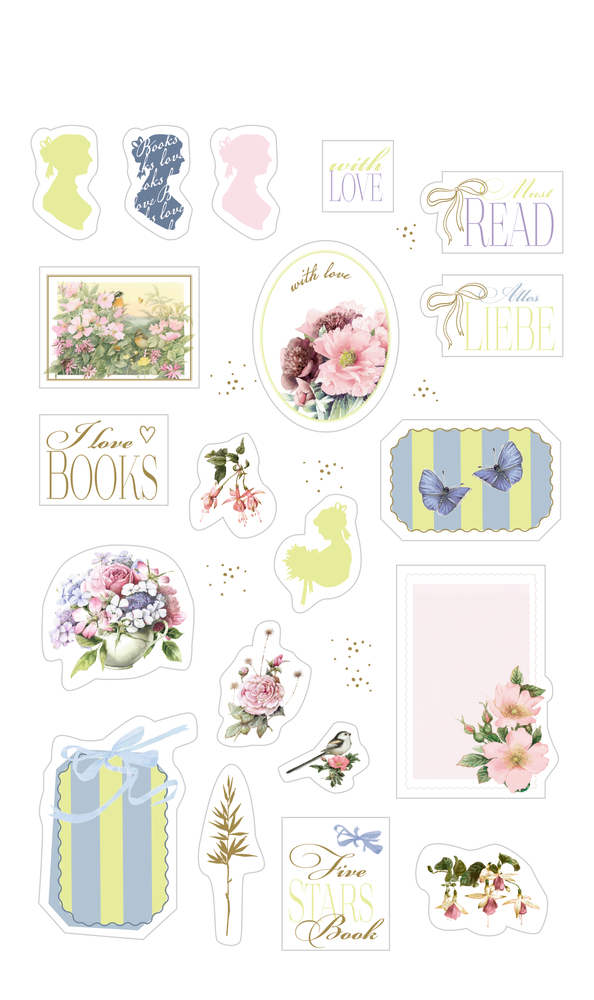 Pastellsticker mit floralen, Schmetterlings- und Buchmotiven im Vintage- und Romantikstil.