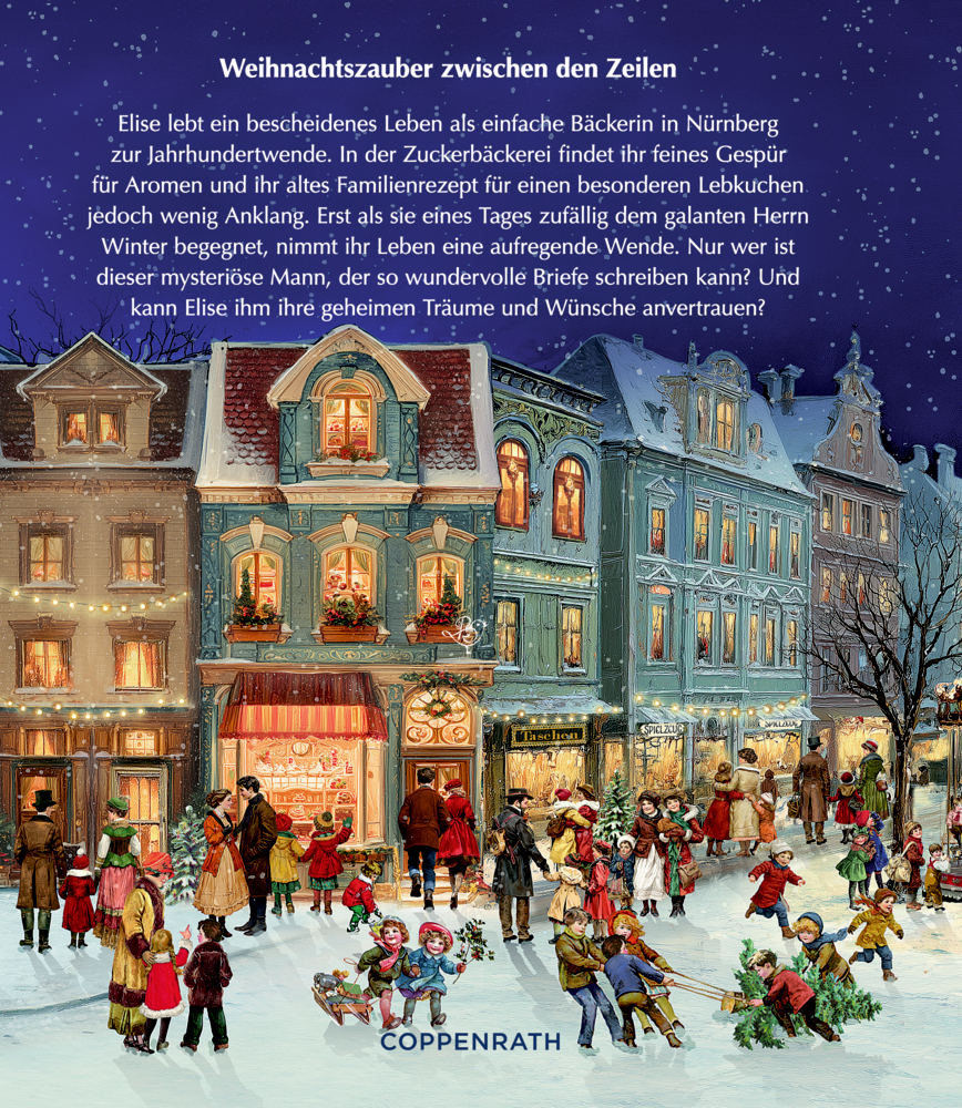 Buchrückseite: Belebte winterliche Straßenszene mit Menschen in historischer Kleidung vor festlich beleuchteten Häusern und Geschäften.