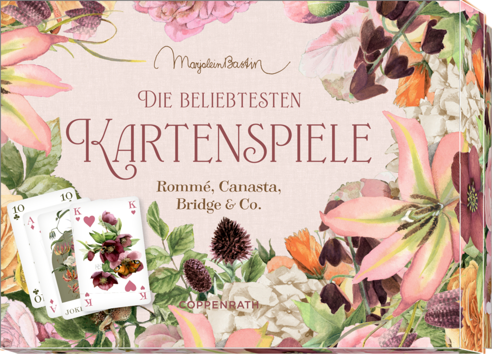 Schachtel mit Blumenmuster, Titelschriftzug und Beispiel-Spielkarten mit Blumenmotiven.