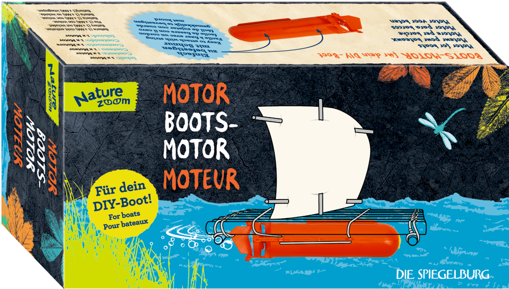 Boots-Motor für dein DIY Boot - Nature Zoom Box für DIY-Bootsmotor-Kit, illustriert mit Segelboot und bunten Blättern.