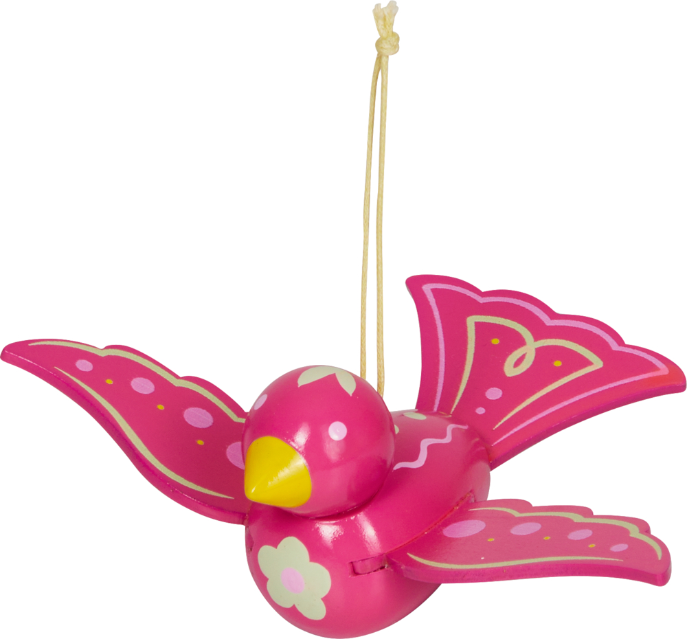 Rosa Holzvogel aus Holz mit Blumenmuster, mit einer Schnur zum Aufhängen.