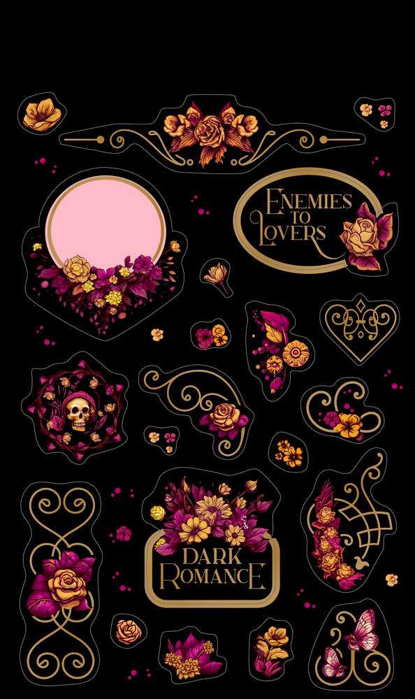 Aufkleber mit Rosen, Totenkopf, Schmetterlingen sowie den Sprüchen Enemies to Lovers und Dark Romance.