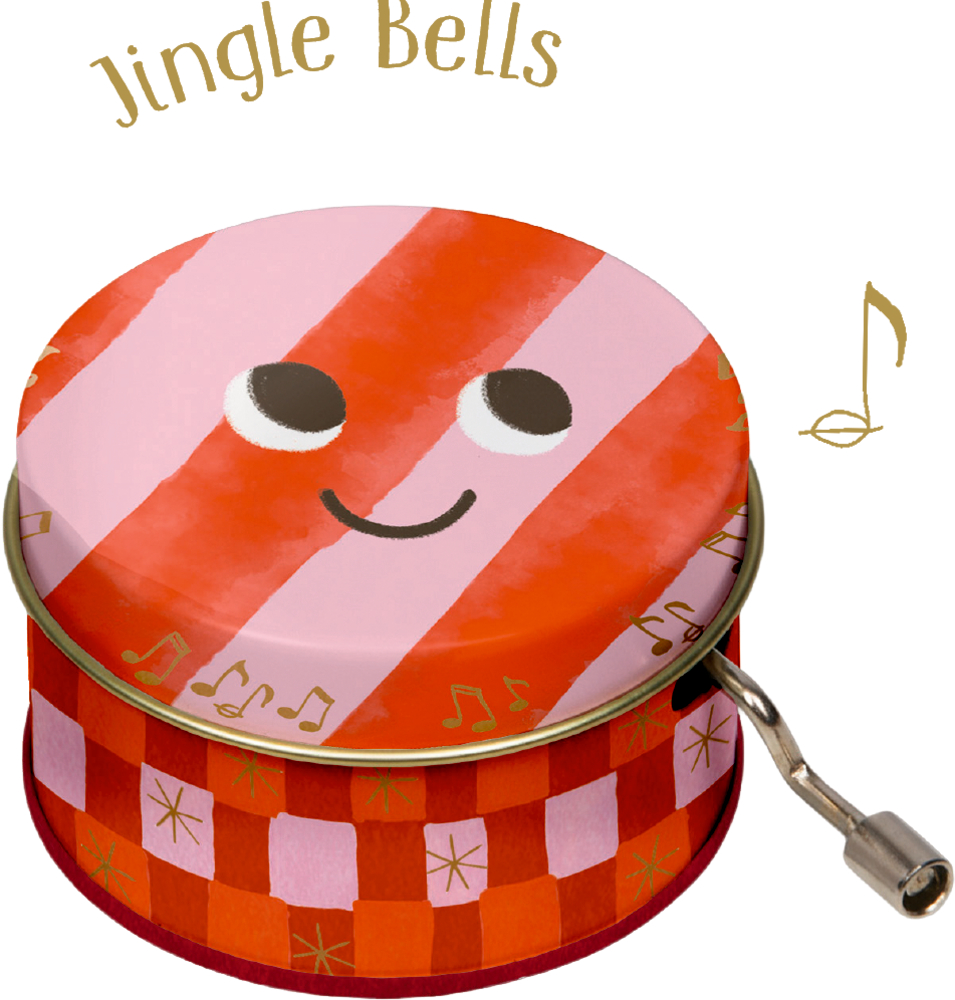 Rote Spieluhr mit rosa Streifen, aufgemaltem lächelndem Gesicht und silberner Kurbel, darüber Text „Jingle Bells“ und eine Note.